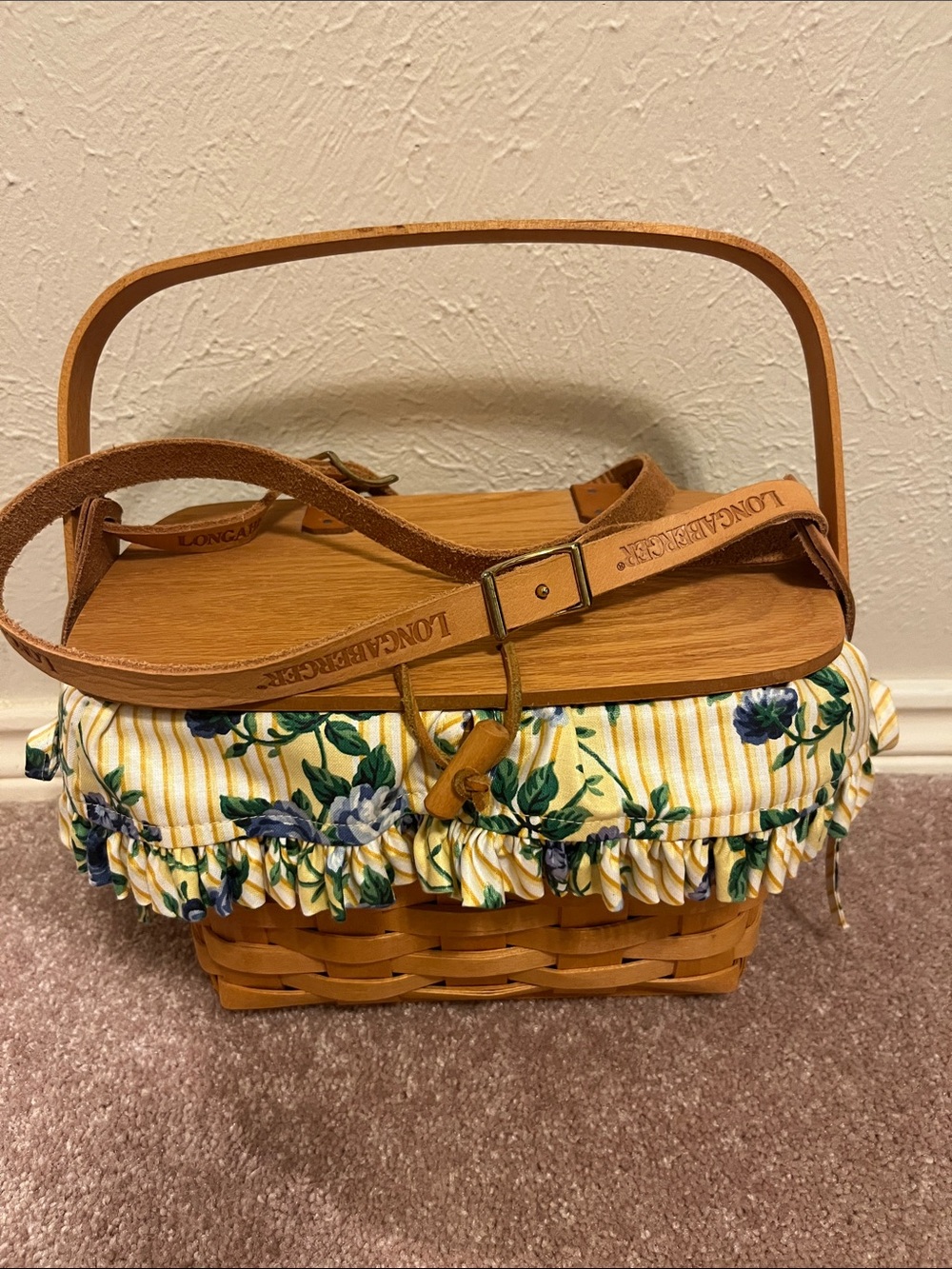 Longaberger Brown Woven Basket bag with Yellow Floral Liner and one more liner